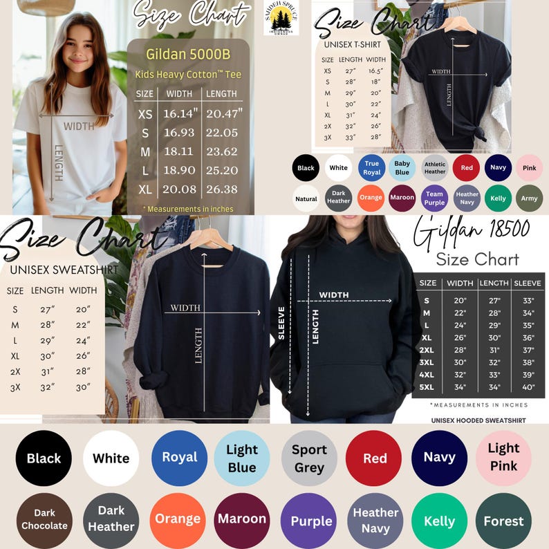 May include: Size charts for Gildan 5000B Kids Heavy Cotton Tee, Unisex T-Shirt, Unisex Sweatshirt, and Gildan 18500 Unisex Hooded Sweatshirt. Charts show measurements in inches for width, length, and sleeve length. Color options include black, white, and navy.