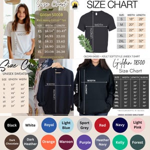 May include: Size charts for Gildan t-shirts, sweatshirts, and hoodies. Includes measurements in inches for various sizes, with color options like black, white, royal blue, and red. The image shows a model wearing a white t-shirt.