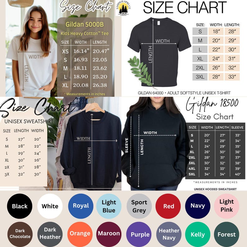 May include: Size charts for Gildan t-shirts, sweatshirts, and hoodies. Includes measurements in inches for various sizes, with color options like black, white, royal blue, and red. The image shows a model wearing a white t-shirt.