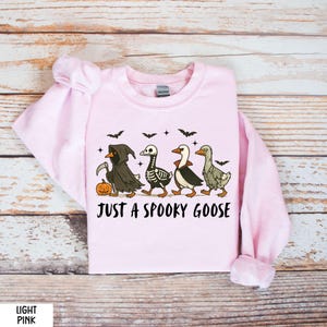 K&ouml;nnte beinhalten: Hellrosa Sweatshirt mit einem Halloween-Motiv. Das Design zeigt vier Cartoon-G&auml;nse in gruseligen Kost&uuml;men, darunter ein Sensenmann, ein Skelett und ein Vampir. Der Text "JUST A SPOOKY GOOSE" ist darunter gedruckt.
