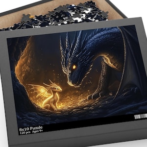 May include: A 120 piece jigsaw puzzle featuring a black dragon and a smaller, golden dragon. The dragons are in a dark cave with glowing light emanating from the smaller dragon.