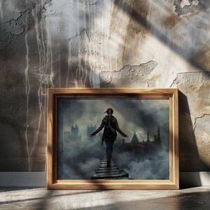 May include: A framed print of a person walking on a path in a foggy, dark cityscape. The person is wearing a dark jacket and has their back to the viewer. The cityscape is made up of tall buildings with pointed roofs.