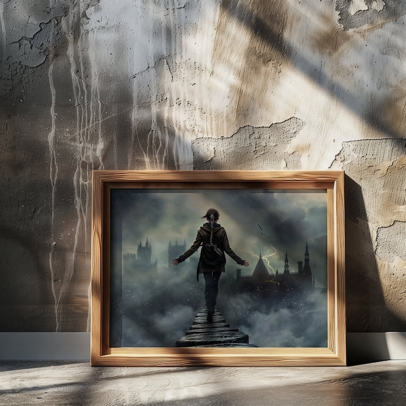 May include: A framed print of a person walking on a path in a foggy, dark cityscape. The person is wearing a dark jacket and has their back to the viewer. The cityscape is made up of tall buildings with pointed roofs.
