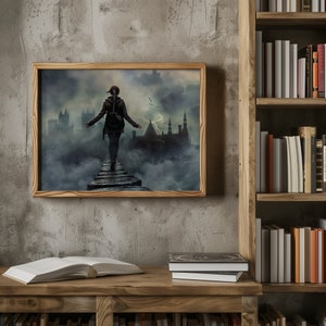May include: A framed illustration of a person walking on a path in a foggy, city landscape. The person is wearing a dark jacket and has their back to the viewer. The city is in the background and is obscured by fog. The sky is dark and stormy.