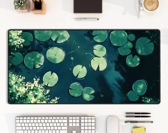 Water Lilies Desk mat, Green Lily mouse pad, XL gaming desk mat, water stream pad, Botanical Desk pad, Gaming Desk mad, lofi plant desk mat