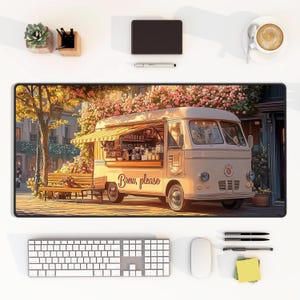 Vintage Coffee Van Desk Mat, Retro Style Coffee cart mouse pad, Coffee Van deskmat, vintage paint art mat, floral deskmat Aesthetic Mousepad