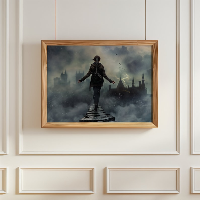 May include: A woman in a dark jacket walks up a set of stone steps towards a city in the distance. The city is shrouded in fog and there is a lightning strike in the sky.