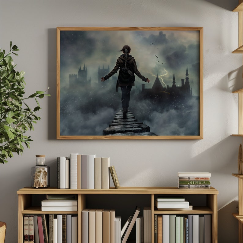May include: A woman in a dark jacket walks on a stone path towards a city in the distance. The city is shrouded in fog and there are lightning strikes in the sky.