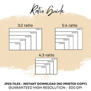 May include: A chart showing different aspect ratios for digital prints, including 3:2, 4:3, and 5:4. The chart shows the dimensions of each ratio in inches, with the largest size at the top and the smallest size at the bottom. The text "JPEG FILES - INSTANT DOWNLOAD (NO PRINTED COPY) GUARANTEED HIGH RESOLUTION - 300 DPI" is at the bottom of the chart.