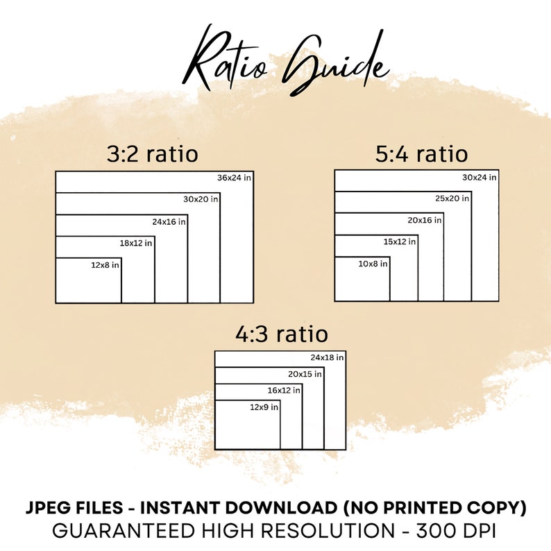 May include: A chart showing different aspect ratios for digital prints, including 3:2, 4:3, and 5:4. The chart shows the dimensions of each ratio in inches, with the largest size at the top and the smallest size at the bottom. The text "JPEG FILES - INSTANT DOWNLOAD (NO PRINTED COPY) GUARANTEED HIGH RESOLUTION - 300 DPI" is at the bottom of the chart.