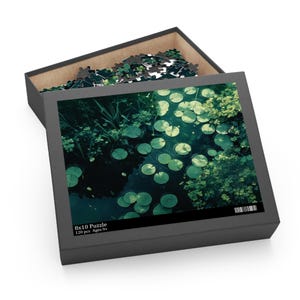 Peut inclure: Un puzzle de 120 pièces représentant un plan d'eau avec des nénuphars. Les nénuphars sont verts et ronds, et l'eau est d'un bleu-vert foncé. Le puzzle est dans une boîte noire avec les mots "8x10 Puzzle" et "120 pcs Ages 9+" imprimés sur le devant.