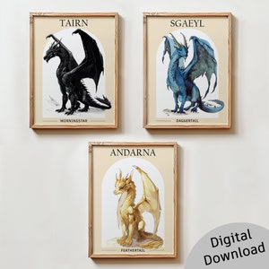 May include: Three printable posters featuring illustrations of dragons. The first poster is titled "TAIRN" and features a black dragon with the name "MORNINGSTAR" below. The second poster is titled "SGAEYL" and features a blue dragon with the name "DAGGERTAIL" below. The third poster is titled "ANDARNA" and features a gold dragon with the name "FEATHERTAIL" below.