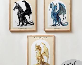 Fourth Wing Art Set of 3, fourthwing dragon, TAIRN SGAEYL ANDARNA Art Digital download, Dragon Art Fantasy bookish gift idea, Wall Art Decor