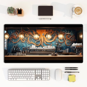 May include: A digital illustration of an octopus with a blue and green background. The octopus is orange and has its tentacles wrapped around a coffee shop counter. The counter has a coffee machine and other coffee-making equipment. There are cups of coffee on the counter.