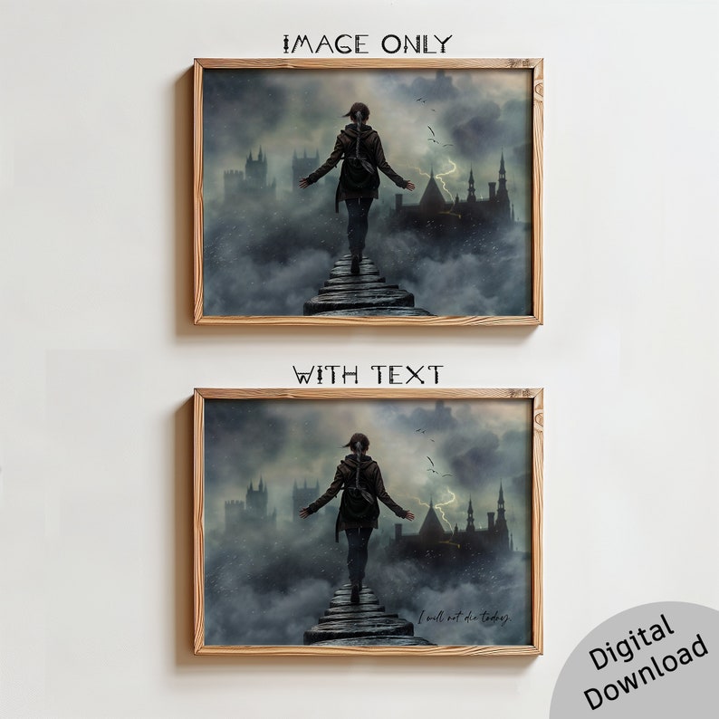 May include: A woman in a brown jacket walks up a set of stairs in a foggy, city setting. The city is in the background and there are lightning strikes in the sky. The text "I will not die today" is written in the bottom right corner of the image.