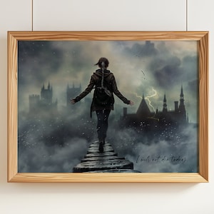 May include: A woman in a dark jacket walks on a wooden path towards a city in the distance. The sky is dark and stormy with lightning. The text "I will not die today." is written on the bottom right corner of the image.