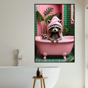 Funny Raccoon Wall Art Bundle of , Animal Bathroom Photo Print Set, Raccoon on Toilet, Bath, Bathrobe, Brushing Teeth, Printable AI Art Cute