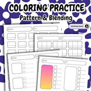 Hojas de trabajo de práctica para colorear imprimibles, combinación de tabla de muestras de color en blanco, patrón de práctica de mezcla de colores, marcadores de alcohol de muestra de color, 13 PÁGINAS