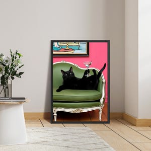 Retro zwarte kat Martini wandkunst Barwagendecoratie Cocktailkunst Bardecoratie Vintage olieverfschilderij Zwarte kat print Eclectische wandkunst Schattige kattenkunst