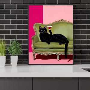 Tuxedo Cat with Red Wine Art Print | Cute Quirky Whimsical | Cocktail Art Bar Cart Decor | Fine Art Print Gift | Trendy Home Wall Art Print