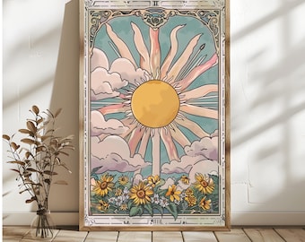The Sun Tarot Card Print – Vintage Sunflower Illustration (Digital Download)