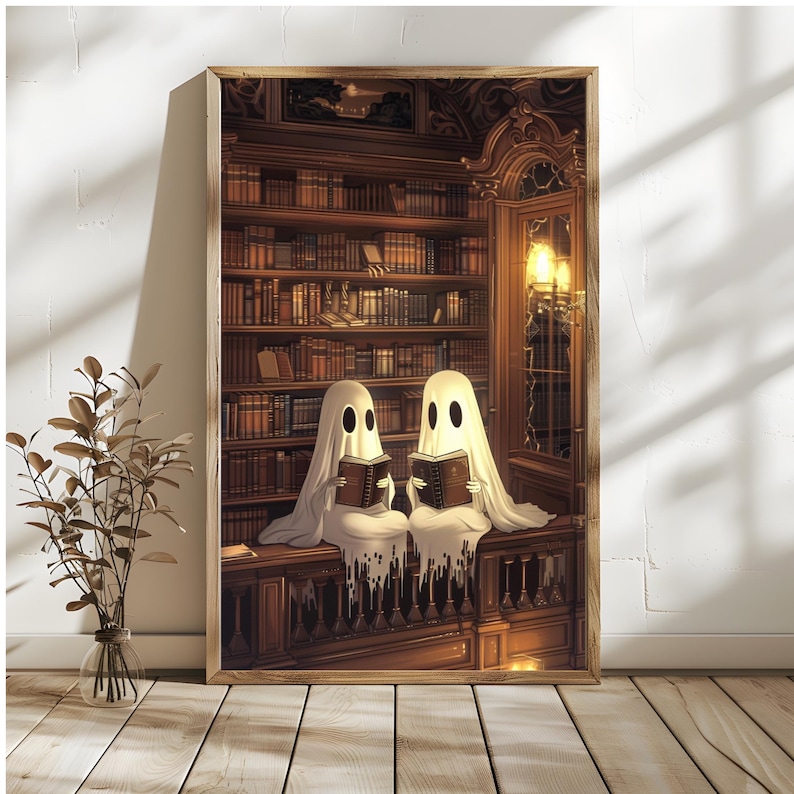 Ghosts Reading in Library Art Print | Spooky Halloween Decor (digital ...