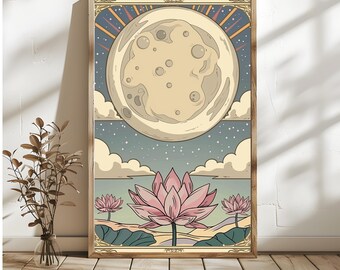 Vintage Moon Tarot Art Print – Lotus Flower Celestial Poster (Digital Download)