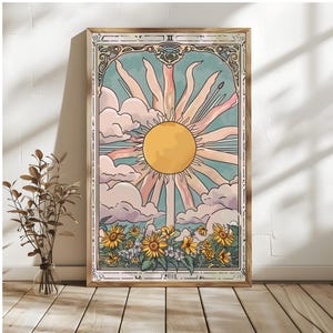 Die Sonne Tarot Karte Art Print - Vintage Pastell Sonnenblume Illustration, Boho spirituelle Wanddekoration, Cottagecore Printable