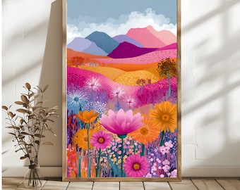 Abstraktes Blumenmuster, bunte Landschaft mit Bergen (Digitaler Download)