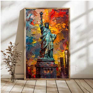 May include: A rectangular wall art print featuring the Statue of Liberty in a vibrant, impasto-style painting. The statue is rendered in shades of teal and copper against a background of bold, textured brushstrokes in yellow, orange, and red.