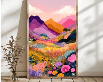 Abstrakte Blumen Druck, Berglandschaft, bunte Wiese (Digitaler Download)