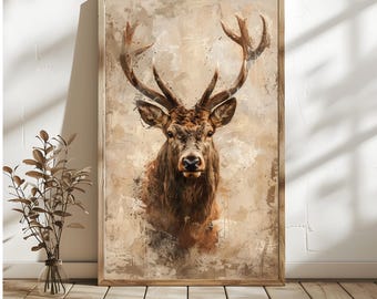 Rustic Stag Wall Art Print, Majestic Deer Portrait, Modern Farmhouse Wildlife Art, Neutral Earth Tone Canvas Decor