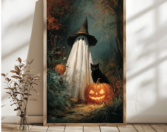 Gothic Halloween Ghost, Witch Hat, Black Cat Art Print (Digital Download)