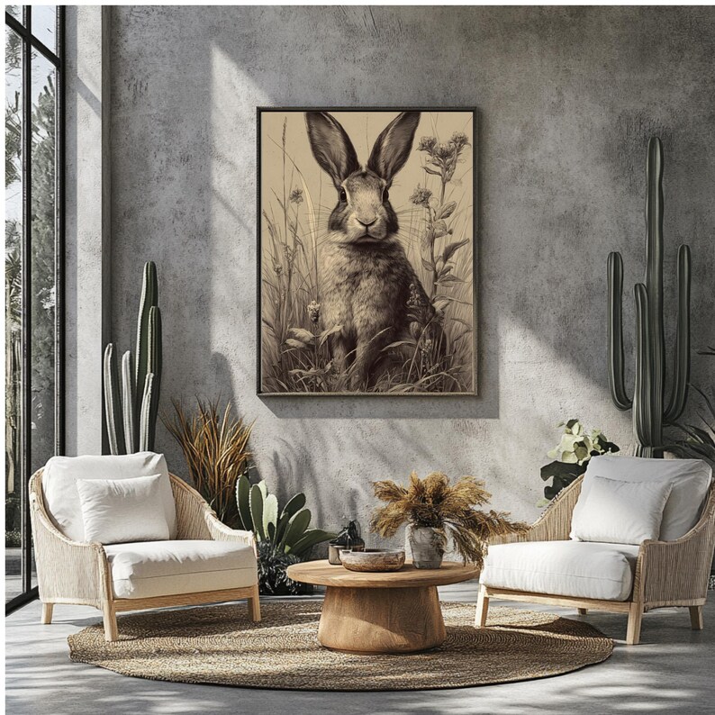 Sepia Point Rabbit Vintage Bunny Pencil Sketch Wall Art: Antique Easter Etching Print ...