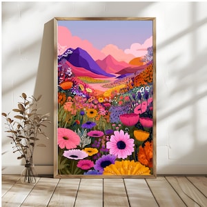 May include: A framed art print featuring a vibrant landscape with colorful flowers, mountains, and a sunset. The artwork showcases a variety of pink, purple, yellow, and orange hues, creating a lively and cheerful scene. The print is displayed in a wooden frame.