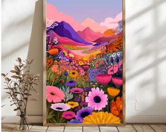 Abstract Floral Mountain Landscape Print, Colorful Meadow Wall Art (Digital Download)
