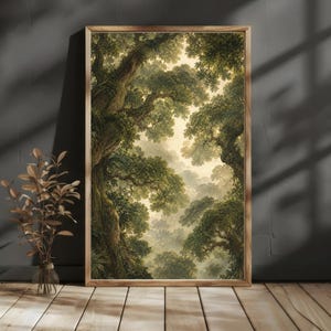 May include: A rectangular framed wall art print featuring a detailed illustration of a dense forest with large, textured tree trunks in the foreground and a misty, light-filled canopy extending into the distance in shades of green and cream.