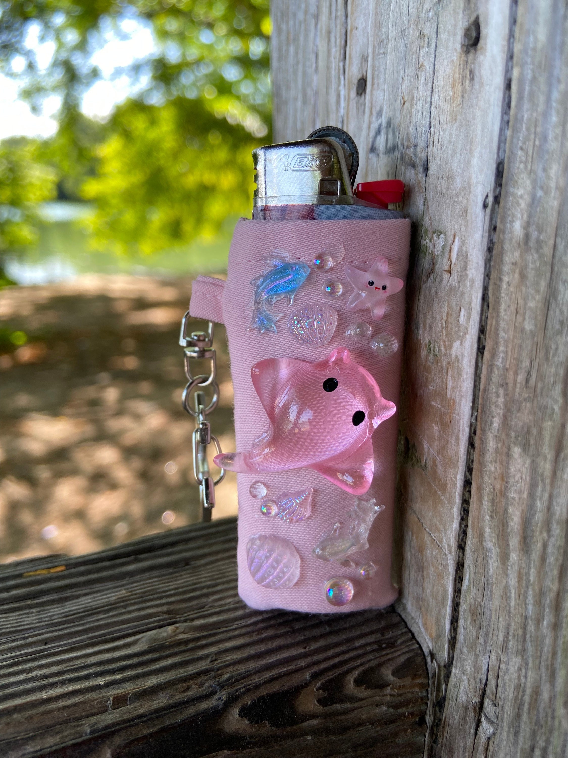 Cute Lighter Holder Keychain Stingrays Ocean Coconut Girl