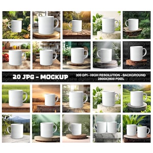 20 White Ceramic Mug Mockup Bundle JPG, 11oz White Cup, Plain Coffee Mug Mockup, Boho White Mug Mockup, Lifestyle Home Office Mug, Digital