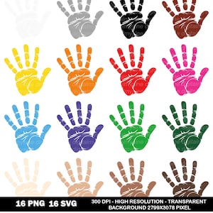 May include: A selection of handprint graphics in a range of colours, such as yellow, orange, red, pink, blue, purple, and green. The image also features handprints in black, brown, grey, and beige. The bottom text reads "16 PNG 16 SVG" and other technical details.