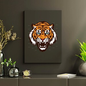 May include: A close-up of a tiger's face with orange and black stripes, a white muzzle, and blue eyes. The tiger is roaring with its mouth open, showing its teeth. The background is a dark gray.