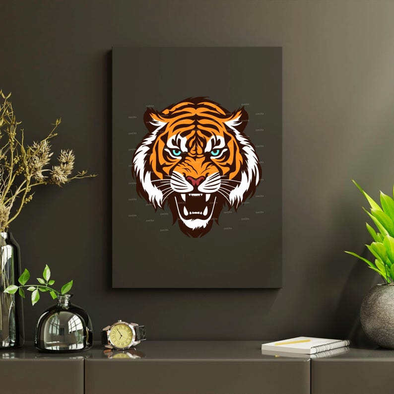 May include: A close-up of a tiger's face with orange and black stripes, a white muzzle, and blue eyes. The tiger is roaring with its mouth open, showing its teeth. The background is a dark gray.