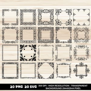 May include: Set of 20 black and white decorative frames with intricate designs. The frames are ideal for adding a touch of elegance to any project.