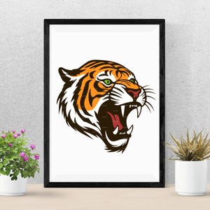 May include: A close-up of a roaring tiger's head with orange and black stripes, green eyes, and a white background. The tiger's mouth is open, showing sharp teeth and a red tongue.