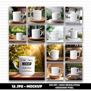 12 White Ceramic Mug Mockup Bundle JPG, 11oz White Cup, Plain Coffee Mug Mockup, Boho White Mug Mockup, Lifestyle Home Office Mug, Digital