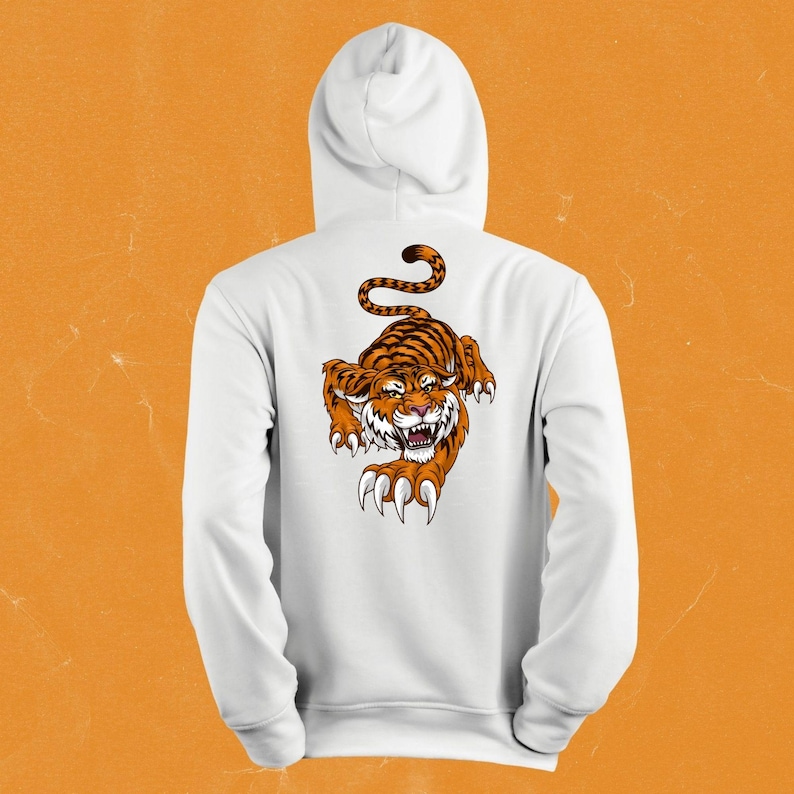 May include: White hooded sweatshirt with a graphic of an orange and black tiger on the back.