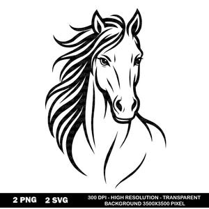 May include: A black and white illustration of a horse's head. The horse is depicted in a stylized, minimalist design, with flowing mane and detailed facial features. The image is a high-resolution graphic.