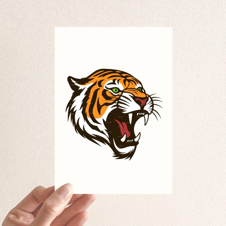 May include: A close-up of a roaring tiger's head with orange and black stripes, green eyes, and a white background.