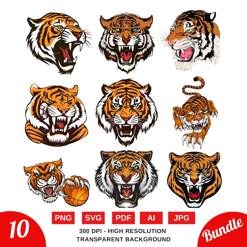 May include: A set of 10 digital illustrations of tigers in various poses. The tigers are depicted in a cartoon style with bright orange and black fur. The illustrations are perfect for use in a variety of projects, such as t-shirt designs, website graphics, and social media posts.