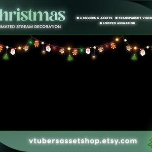 Könnte beinhalten: Animierte Weihnachts-Stream-Dekoration mit schwarzem Hintergrund. Oben befindet sich eine Lichterkette mit Weihnachtsmann-, Lebkuchenmännchen- und Weihnachtsbaum-Ornamenten. Der Text lautet "Christmas" und "Animated Stream Decoration".